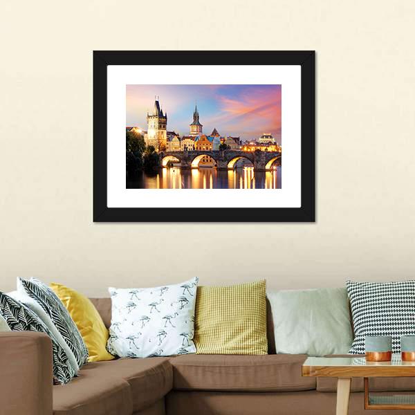 Charles Bridge At Night Canvas Wall Art-3 Horizontal-Gallery Wrap-25" x 16"-Tiaracle