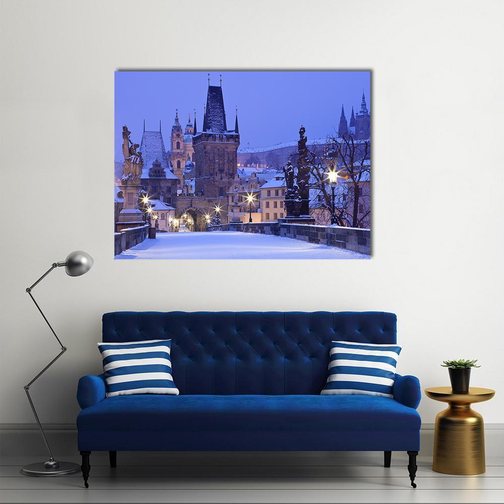 Charles Bridge In Winter Canvas Wall Art-1 Piece-Gallery Wrap-36" x 24"-Tiaracle