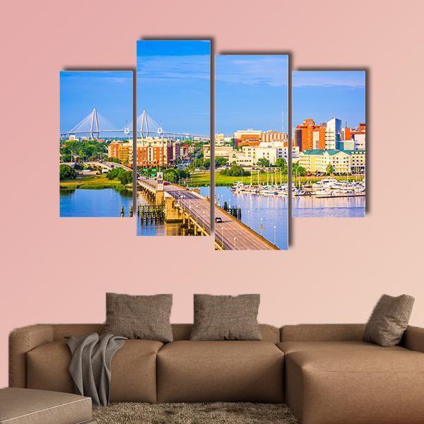 Charleston Skyline & Ashley River Canvas Wall Art-4 Pop-Gallery Wrap-50" x 32"-Tiaracle