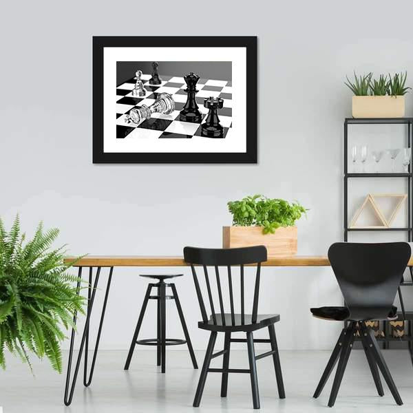 Checkmate With Black And White Board And Glass Pieces Canvas Wall Art-5 Horizontal-Gallery Wrap-22" x 12"-Tiaracle