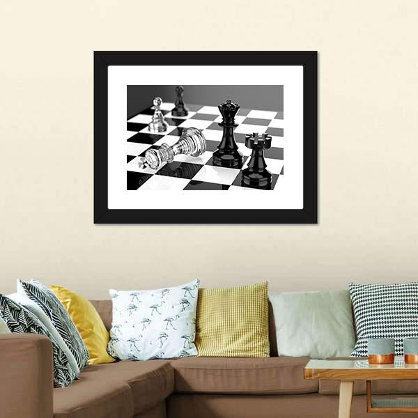 Checkmate With Black And White Board And Glass Pieces Canvas Wall Art-1 Piece-Framed Print-20" x 16"-Tiaracle