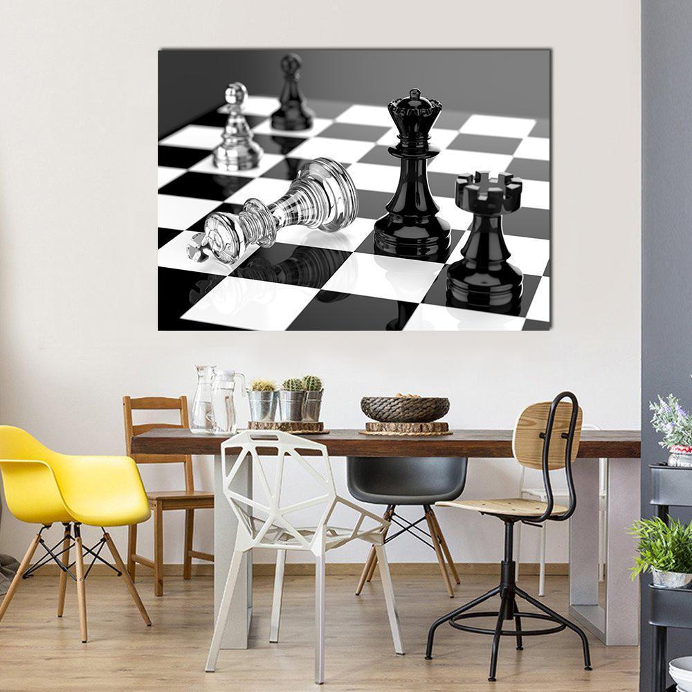 Checkmate With Black And White Board And Glass Pieces Canvas Wall Art-1 Piece-Gallery Wrap-36" x 24"-Tiaracle