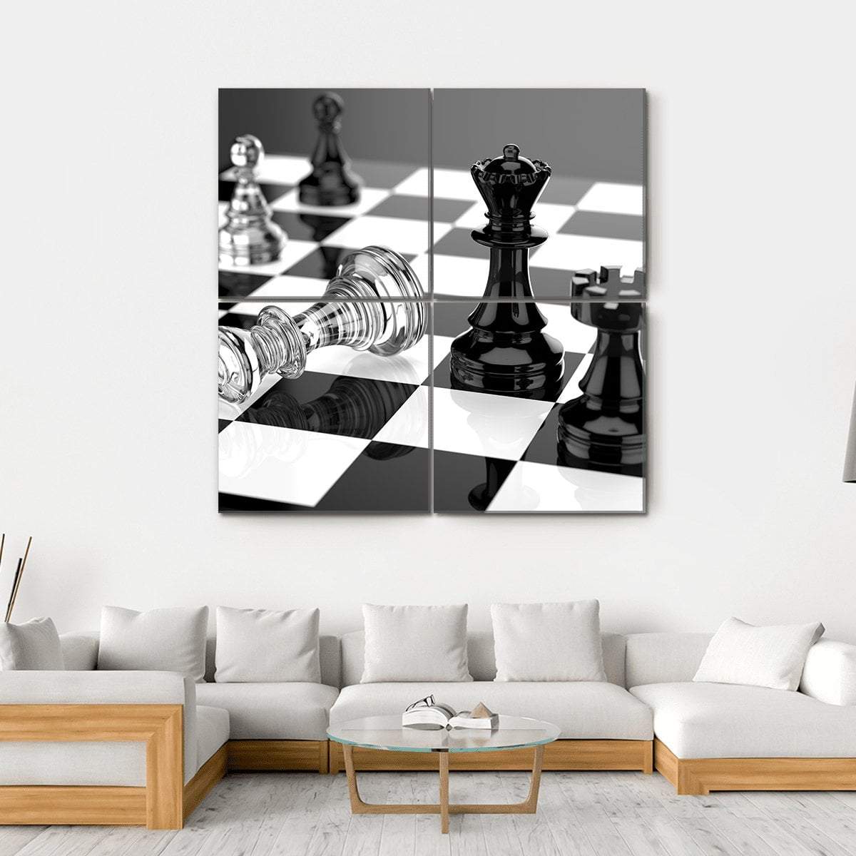 Checkmate With Black And White Board And Glass Pieces Canvas Wall Art-4 Square-Gallery Wrap-17" x 17"-Tiaracle