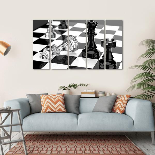 Checkmate With Black And White Board And Glass Pieces Canvas Wall Art-5 Horizontal-Gallery Wrap-22" x 12"-Tiaracle