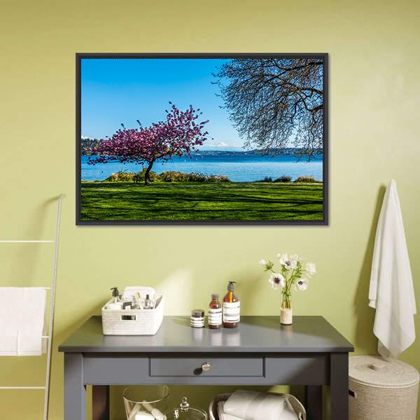 Cherry Tree Near Lake Canvas Wall Art-1 Piece-Floating Frame-24" x 16"-Tiaracle