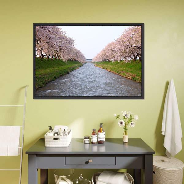 Cherry Tree & River Canvas Wall Art-5 Horizontal-Gallery Wrap-22" x 12"-Tiaracle