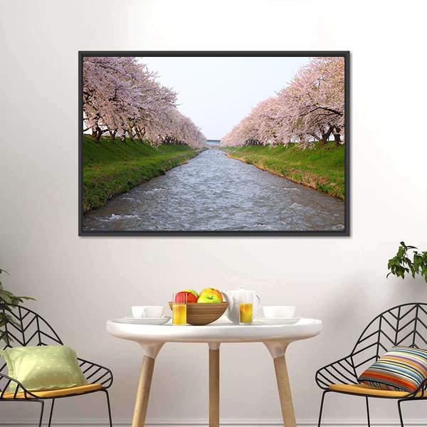 Cherry Tree & River Canvas Wall Art-5 Horizontal-Gallery Wrap-22" x 12"-Tiaracle