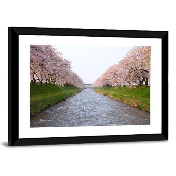 Cherry Tree & River Canvas Wall Art-5 Horizontal-Gallery Wrap-22" x 12"-Tiaracle