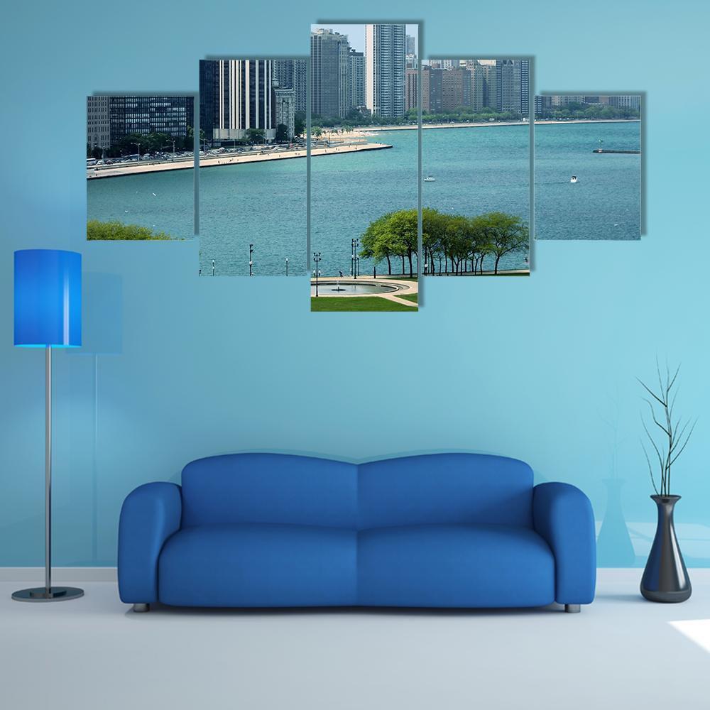 Chicago Cityscape With Lake Canvas Wall Art-5 Star-Gallery Wrap-62" x 32"-Tiaracle