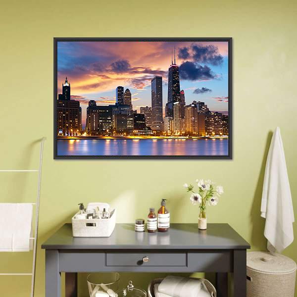 Chicago Skyline At Dusk Canvas Wall Art-3 Horizontal-Gallery Wrap-25" x 16"-Tiaracle