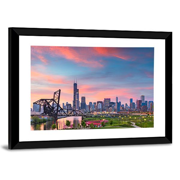 Chicago Skyline At Twilight Panoramic Canvas Wall Art-1 Piece-36" x 12"-Tiaracle