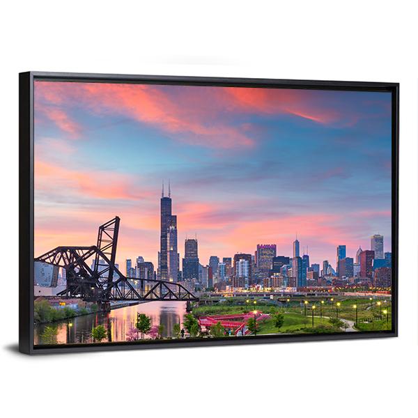 Chicago Skyline At Twilight Panoramic Canvas Wall Art-1 Piece-36" x 12"-Tiaracle