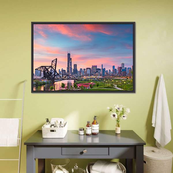 Chicago Skyline At Twilight Panoramic Canvas Wall Art-1 Piece-36" x 12"-Tiaracle