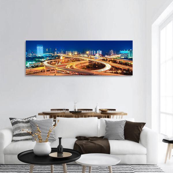 Modern Highways At Night Panoramic Canvas Wall Art-1 Piece-36" x 12"-Tiaracle