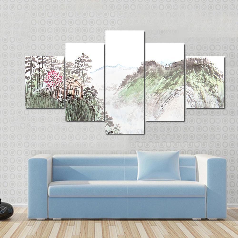 Chinese Landscape Abstract Canvas Wall Art-5 Star-Gallery Wrap-62" x 32"-Tiaracle