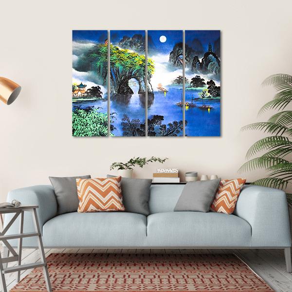 Chinese Landscape Watercolor Canvas Wall Art-4 Horizontal-Gallery Wrap-34" x 24"-Tiaracle
