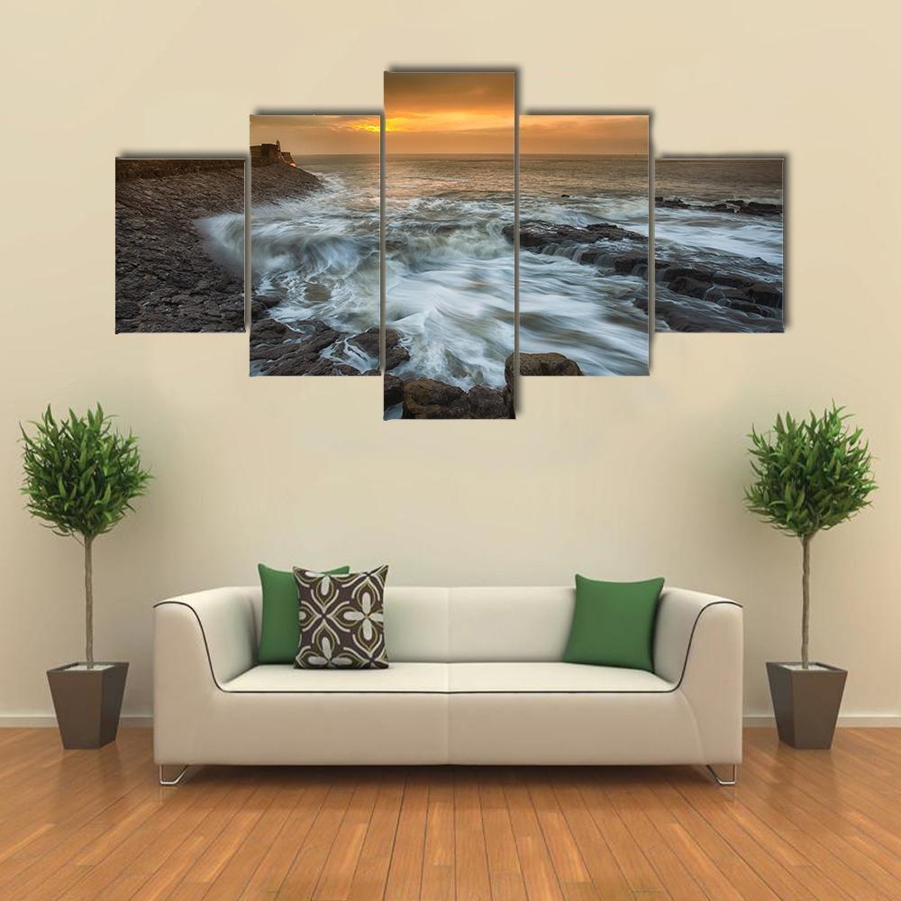 Sunrise At Porthcawl Lighthouse Canvas Wall Art-5 Star-Gallery Wrap-62" x 32"-Tiaracle