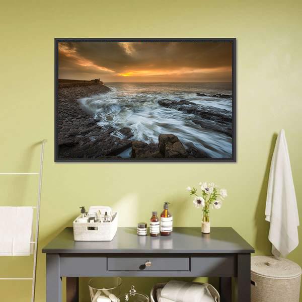 Sunrise At Porthcawl Lighthouse Canvas Wall Art-3 Horizontal-Gallery Wrap-25" x 16"-Tiaracle