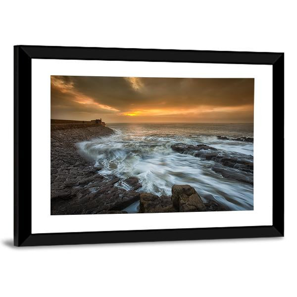 Sunrise At Porthcawl Lighthouse Canvas Wall Art-3 Horizontal-Gallery Wrap-25" x 16"-Tiaracle