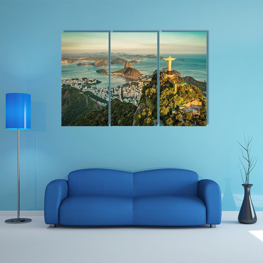 Christ & Botafogo Bay Canvas Wall Art-3 Horizontal-Gallery Wrap-37" x 24"-Tiaracle