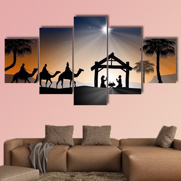 Christian Christmas Nativity Scene Canvas Wall Art-5 Star-Gallery Wrap-62" x 32"-Tiaracle