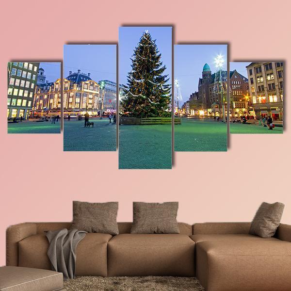 Christmas In Amsterdam Canvas Wall Art-5 Star-Gallery Wrap-62" x 32"-Tiaracle