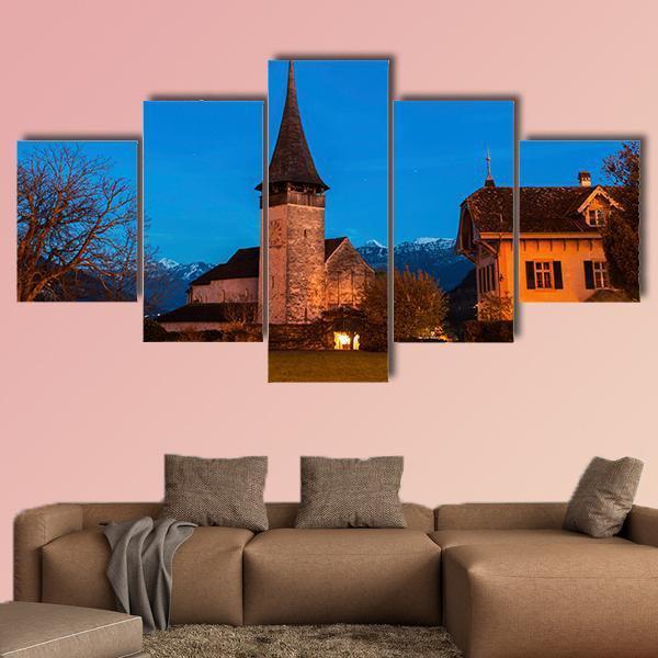 Church In Spiez Canvas Wall Art-5 Star-Gallery Wrap-62" x 32"-Tiaracle