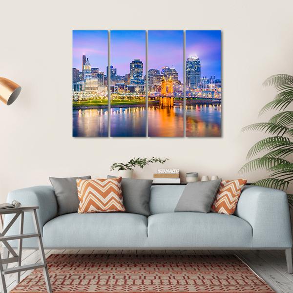 Cincinnati Skyline On River Canvas Wall Art-4 Horizontal-Gallery Wrap-34" x 24"-Tiaracle