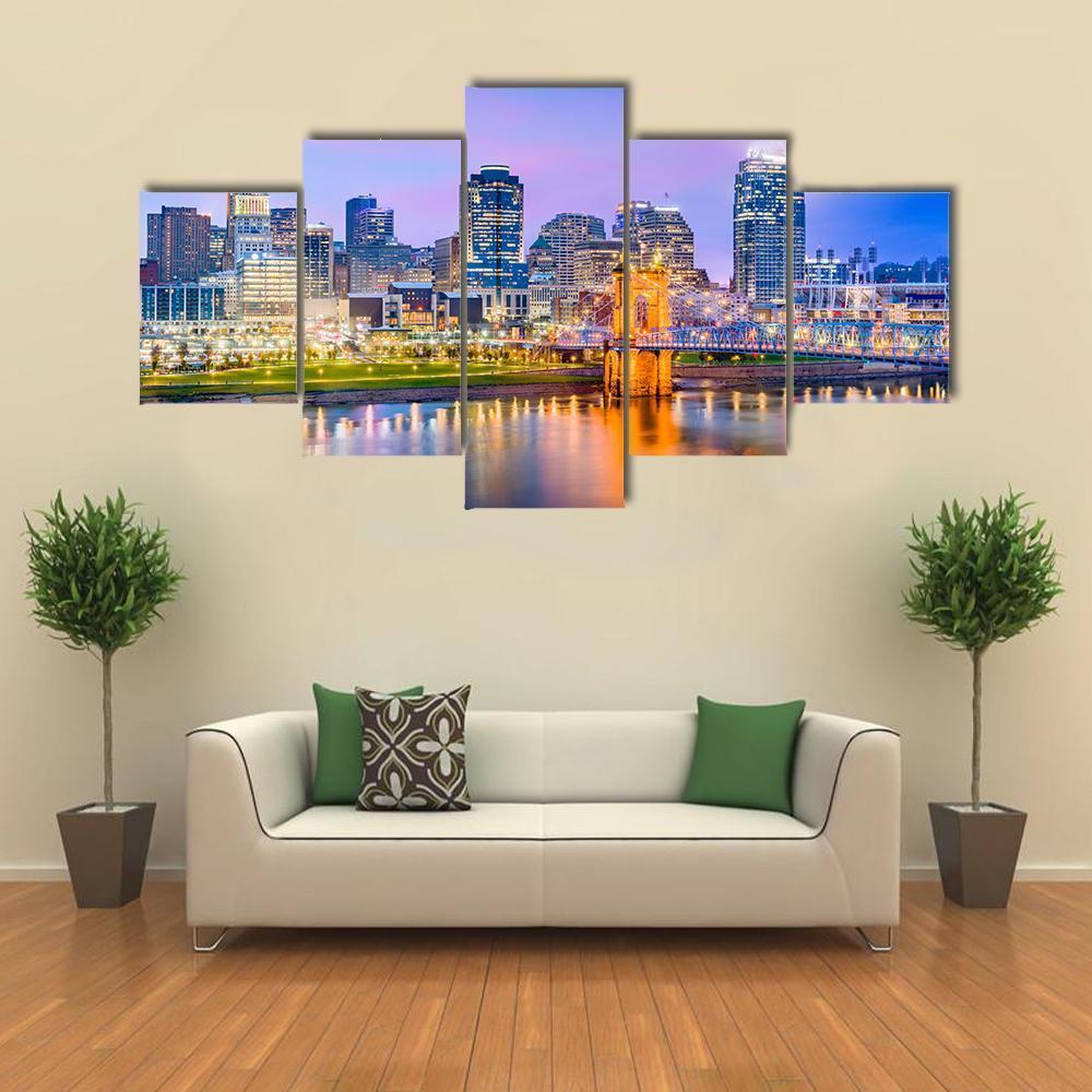 Cincinnati Skyline On River Canvas Wall Art-5 Star-Gallery Wrap-62" x 32"-Tiaracle