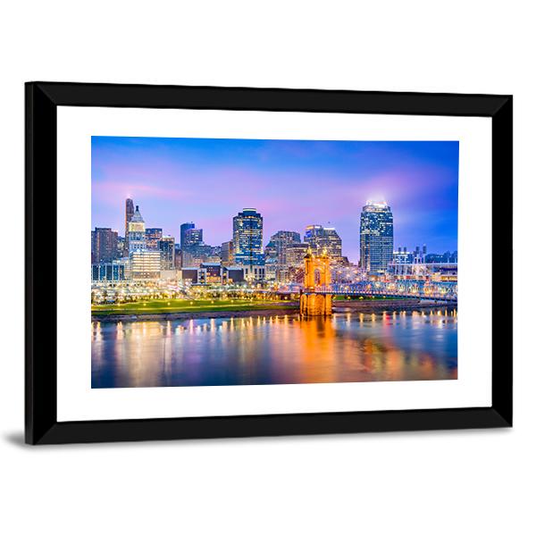 Cincinnati Skyline On River Canvas Wall Art-3 Horizontal-Gallery Wrap-25" x 16"-Tiaracle