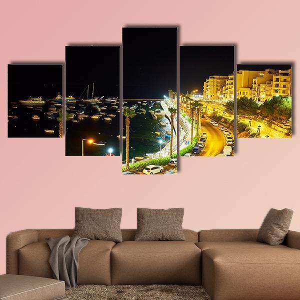 City At Night Malta Canvas Wall Art-5 Star-Gallery Wrap-62" x 32"-Tiaracle