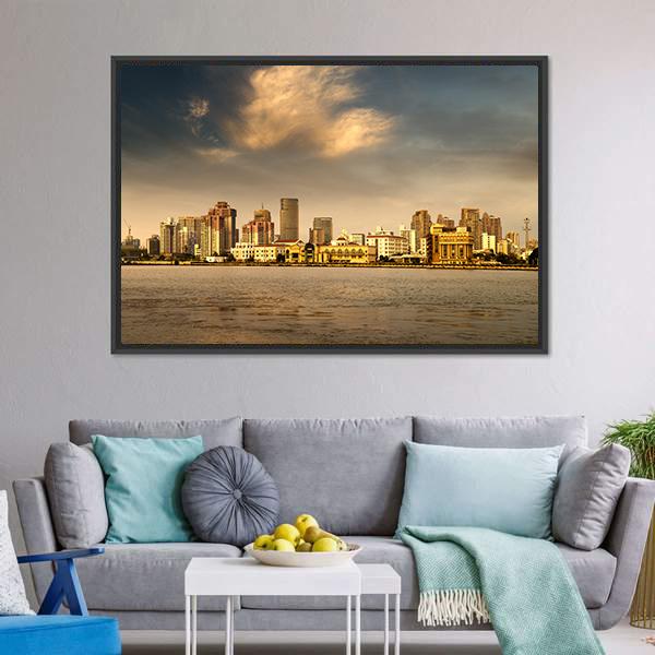 City In The Setting Sun Canvas Wall Art-3 Horizontal-Gallery Wrap-25" x 16"-Tiaracle