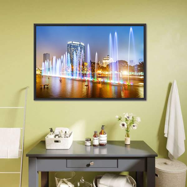 City Square Music Fountain Canvas Wall Art-5 Horizontal-Gallery Wrap-22" x 12"-Tiaracle