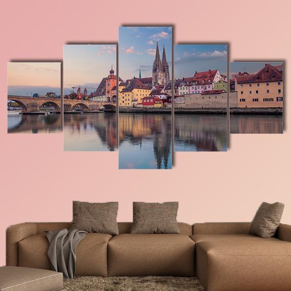 Cityscape Of Regensburg Canvas Wall Art-5 Star-Gallery Wrap-62" x 32"-Tiaracle