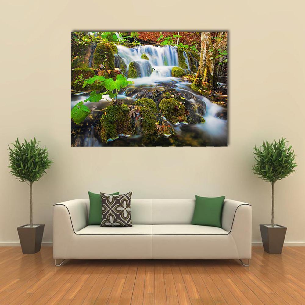 Clear Waterfall In Forest Canvas Wall Art-1 Piece-Gallery Wrap-36" x 24"-Tiaracle