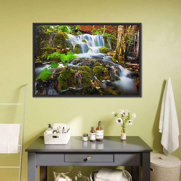 Clear Waterfall In Forest Canvas Wall Art-3 Horizontal-Gallery Wrap-25" x 16"-Tiaracle
