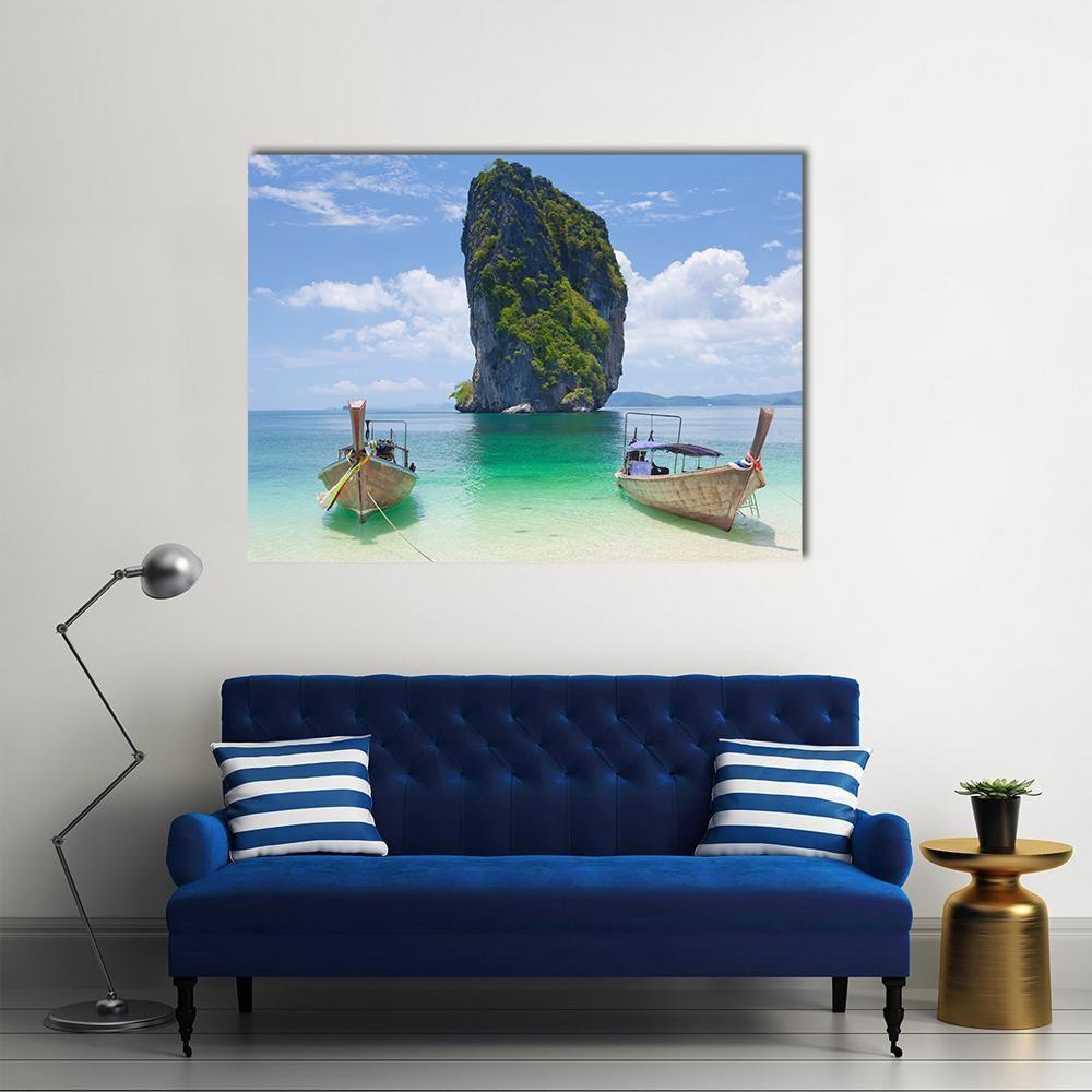 Cliff And Boats Thailand Canvas Wall Art-1 Piece-Gallery Wrap-48" x 32"-Tiaracle