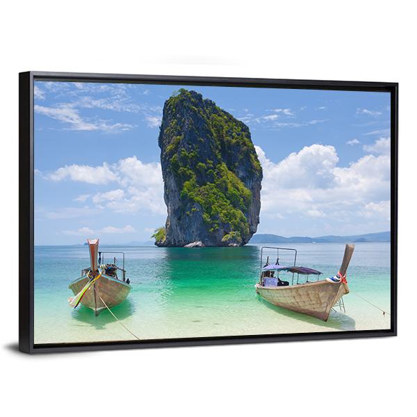 Cliff And Boats Thailand Canvas Wall Art-3 Horizontal-Gallery Wrap-25" x 16"-Tiaracle