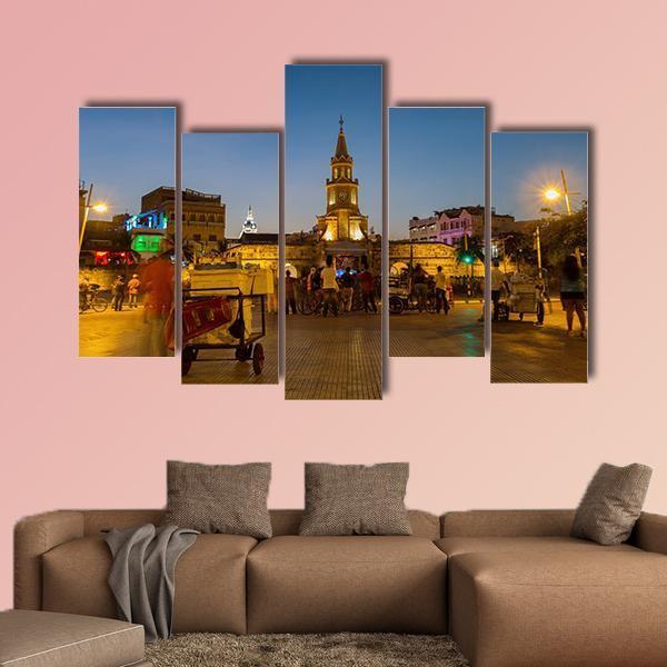 Clock Tower Gate At Night Canvas Wall Art-5 Pop-Gallery Wrap-47" x 32"-Tiaracle