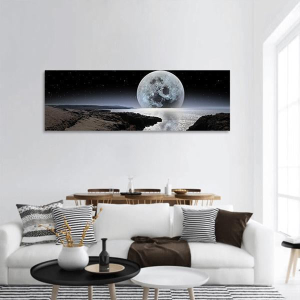 Coastline With Bright Moon Panoramic Canvas Wall Art-1 Piece-36" x 12"-Tiaracle