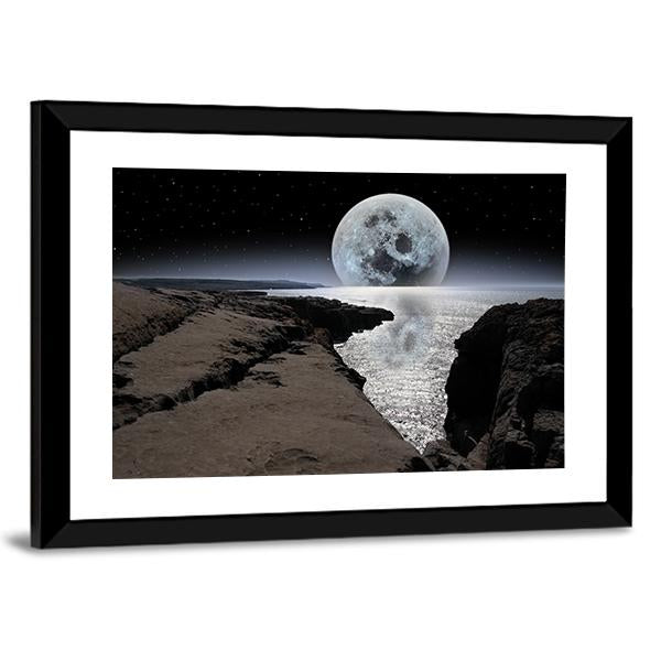 Coastline With Bright Moon Panoramic Canvas Wall Art-1 Piece-36" x 12"-Tiaracle