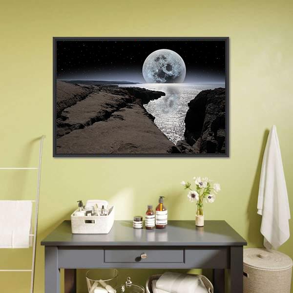 Coastline With Bright Moon Panoramic Canvas Wall Art-1 Piece-36" x 12"-Tiaracle