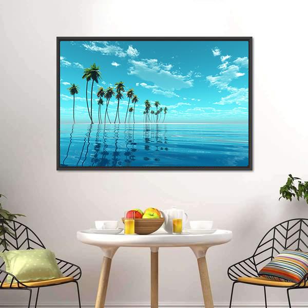 Coconut Trees At Tropic Sea Canvas Wall Art-1 Piece-Floating Frame-24" x 16"-Tiaracle