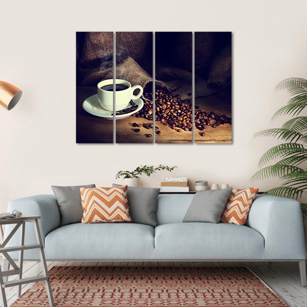 Coffee Cup & Coffee Beans Canvas Wall Art-4 Horizontal-Gallery Wrap-34" x 24"-Tiaracle