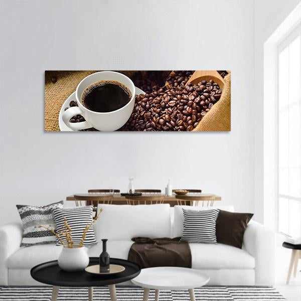 Coffee Cup & Coffee Beans Panoramic Canvas Wall Art-1 Piece-36" x 12"-Tiaracle