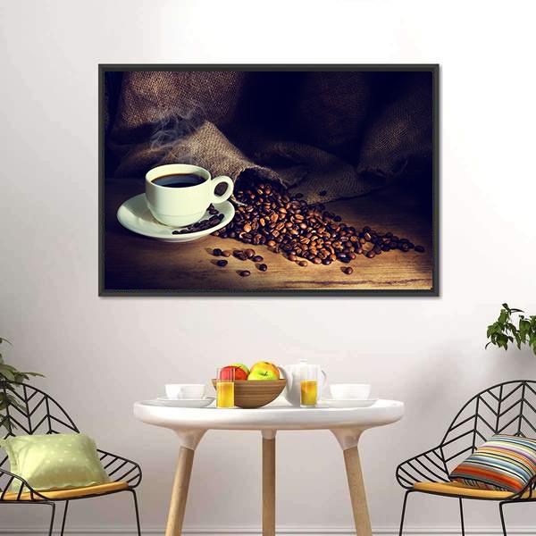 Coffee Cup & Coffee Beans Panoramic Canvas Wall Art-1 Piece-36" x 12"-Tiaracle