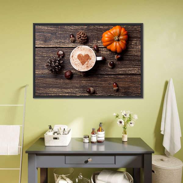 Coffee Cup With Pumpkin Panoramic Canvas Wall Art-1 Piece-36" x 12"-Tiaracle