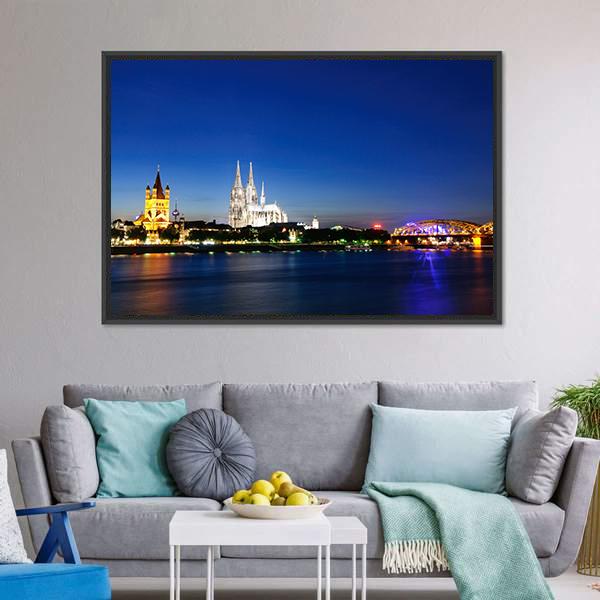 Cologne City At Night Canvas Wall Art-5 Horizontal-Gallery Wrap-22" x 12"-Tiaracle