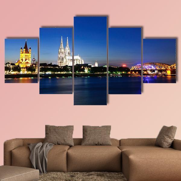 Cologne City At Night Canvas Wall Art-5 Star-Gallery Wrap-62" x 32"-Tiaracle
