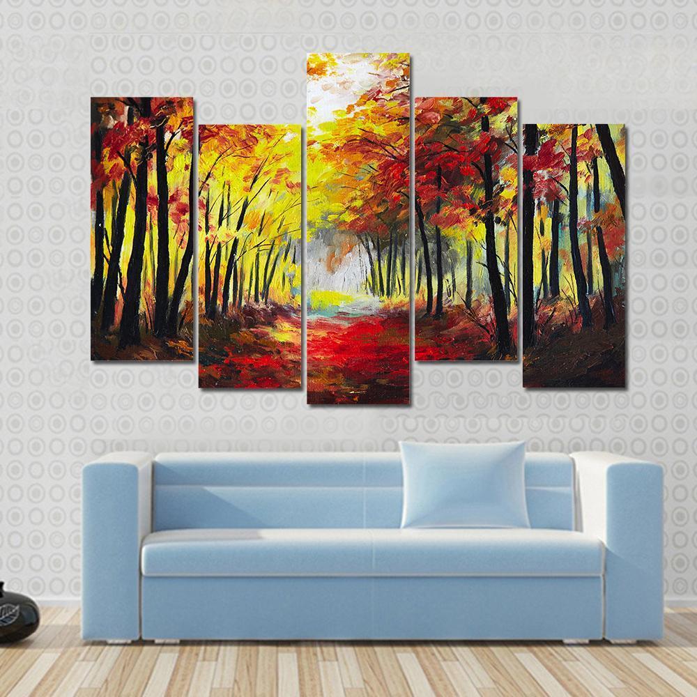 Colorful Autumn Forest Pathway Canvas Wall Art-5 Pop-Gallery Wrap-47" x 32"-Tiaracle
